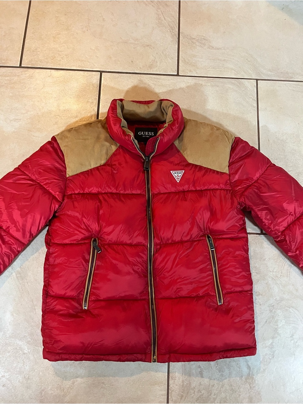 GUESS Red Puffer Jacket with Tan Shoulder Panels